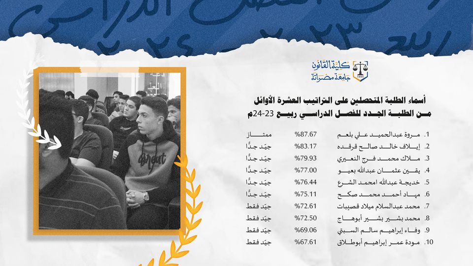 قسم التسجيل يعلن عن قائمة الطلاب الأوائل