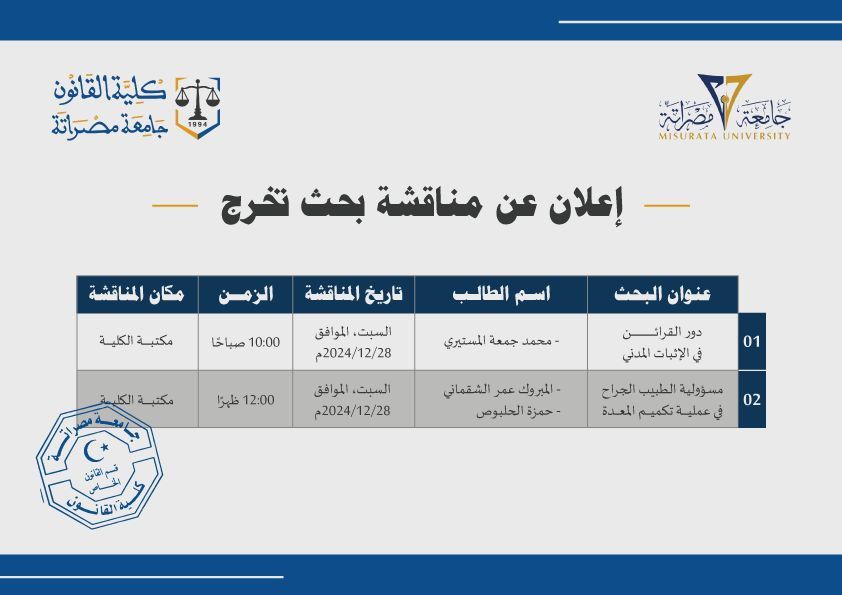 إعلان عن مناقشة بحوث تخرج