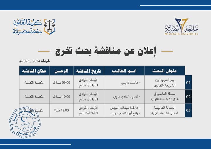 إعلان عن مناقشة مشاريع تخرج